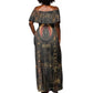 Atum Ancient Egyptian Off Shoulder Maxi Dress with Dark Hieroglyph Grid, Ouroboros Serpent Ring and The Final Serpent - African Pride