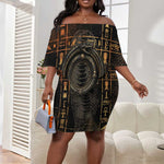 Atum Ancient Egyptian Off Shoulder Short Dress with Dark Hieroglyph Grid, Ouroboros Serpent Ring and The Final Serpent - African Pride
