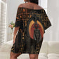 Atum Ancient Egyptian Off Shoulder Short Dress with Dark Hieroglyph Grid, Ouroboros Serpent Ring and The Final Serpent - African Pride