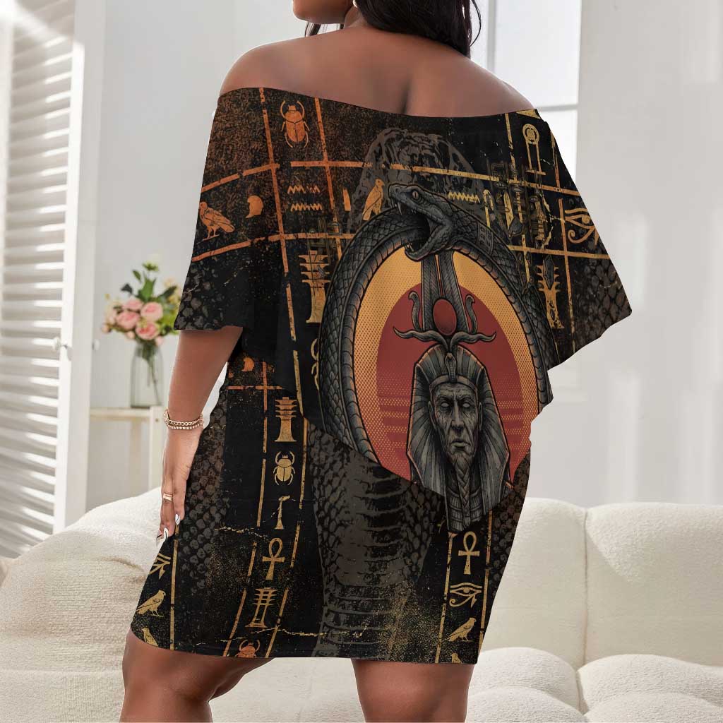 Atum Ancient Egyptian Off Shoulder Short Dress with Dark Hieroglyph Grid, Ouroboros Serpent Ring and The Final Serpent - African Pride