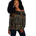Atum Ancient Egyptian Off Shoulder Sweater with Dark Hieroglyph Grid, Ouroboros Serpent Ring and The Final Serpent - African Pride