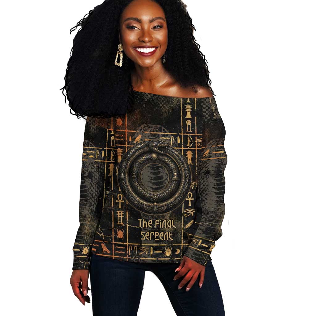 Atum Ancient Egyptian Off Shoulder Sweater with Dark Hieroglyph Grid, Ouroboros Serpent Ring and The Final Serpent - African Pride