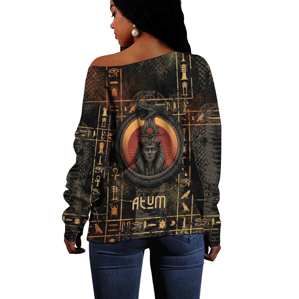 Atum Ancient Egyptian Off Shoulder Sweater with Dark Hieroglyph Grid, Ouroboros Serpent Ring and The Final Serpent - African Pride