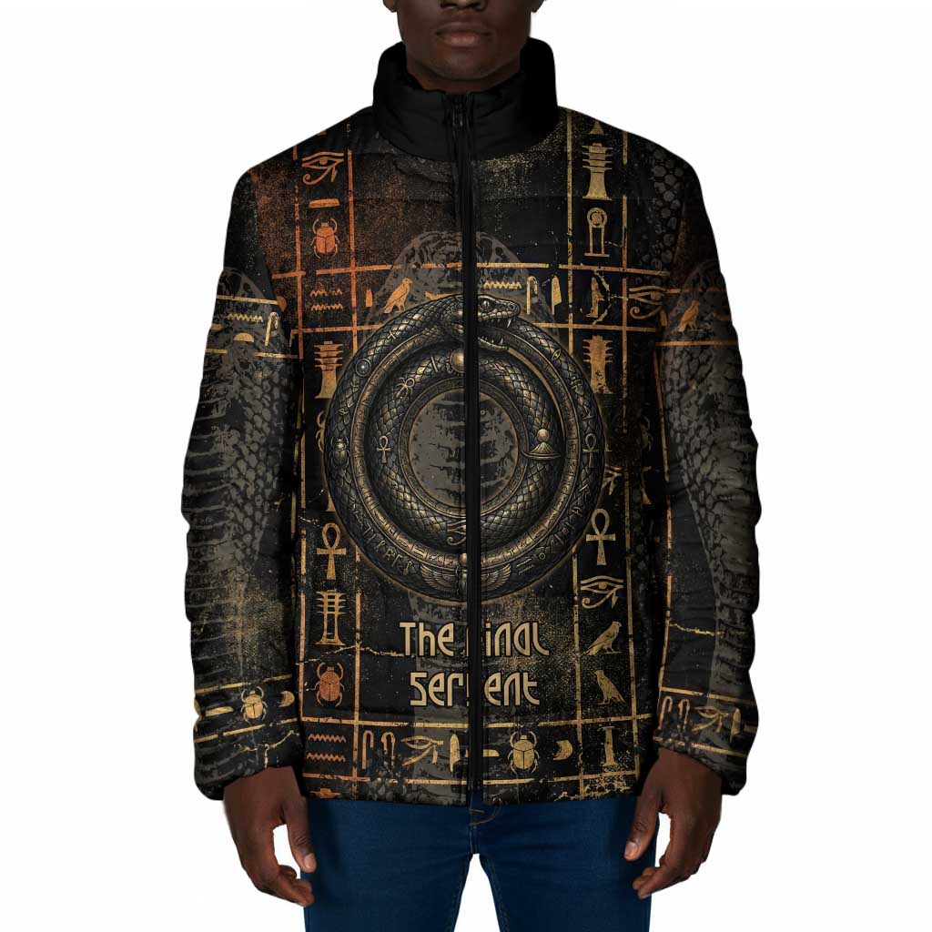 Atum Ancient Egyptian Padded Jacket with Dark Hieroglyph Grid, Ouroboros Serpent Ring and The Final Serpent - African Pride