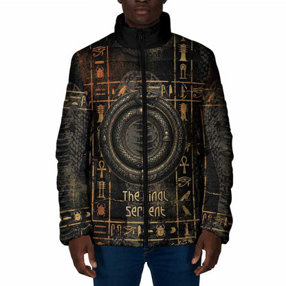 Atum Ancient Egyptian Padded Jacket with Dark Hieroglyph Grid, Ouroboros Serpent Ring and The Final Serpent - African Pride