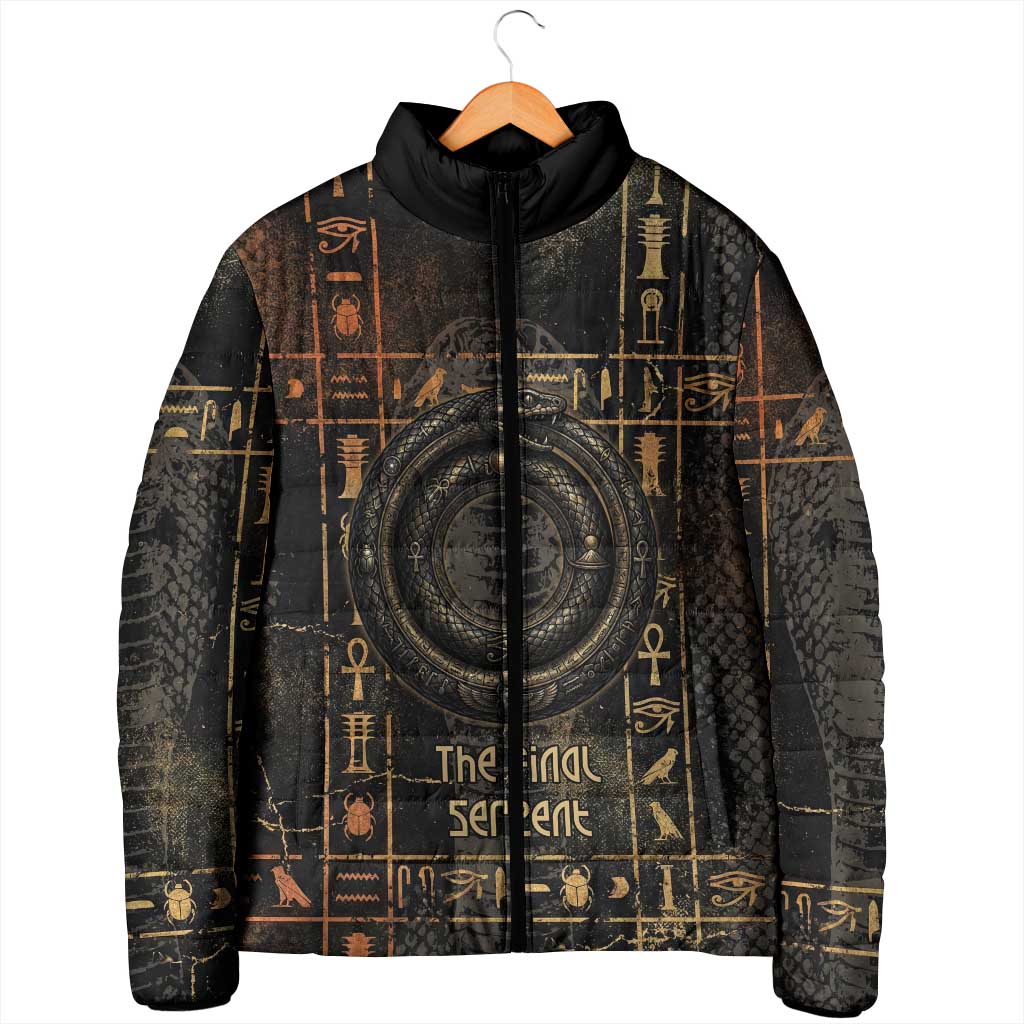 Atum Ancient Egyptian Padded Jacket with Dark Hieroglyph Grid, Ouroboros Serpent Ring and The Final Serpent - African Pride