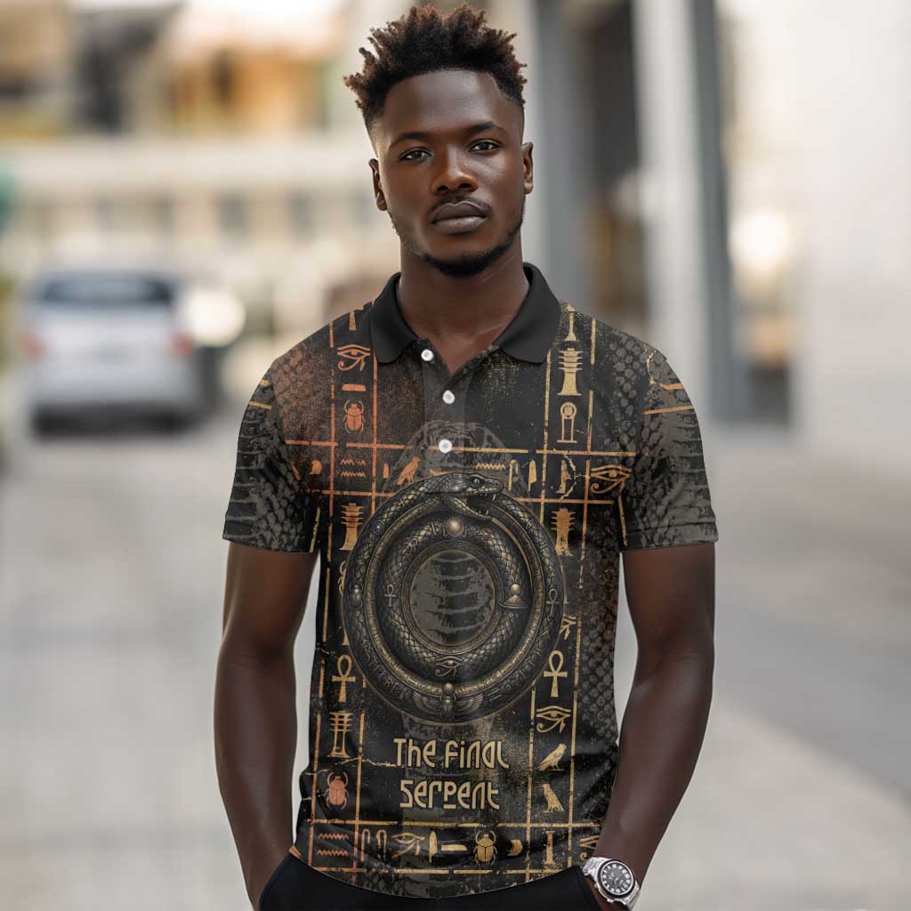 Atum Ancient Egyptian Polo Shirt with Dark Hieroglyph Grid, Ouroboros Serpent Ring and The Final Serpent - African Pride