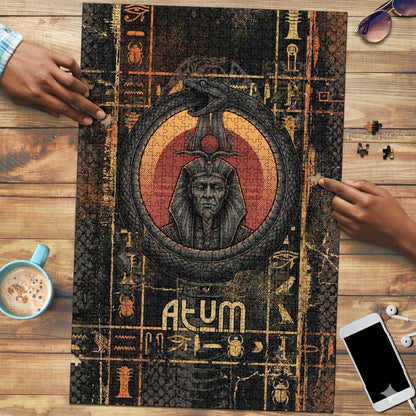 Atum Ancient Egyptian Puzzle with Dark Hieroglyph Grid, Ouroboros Serpent Ring and The Final Serpent - African Pride