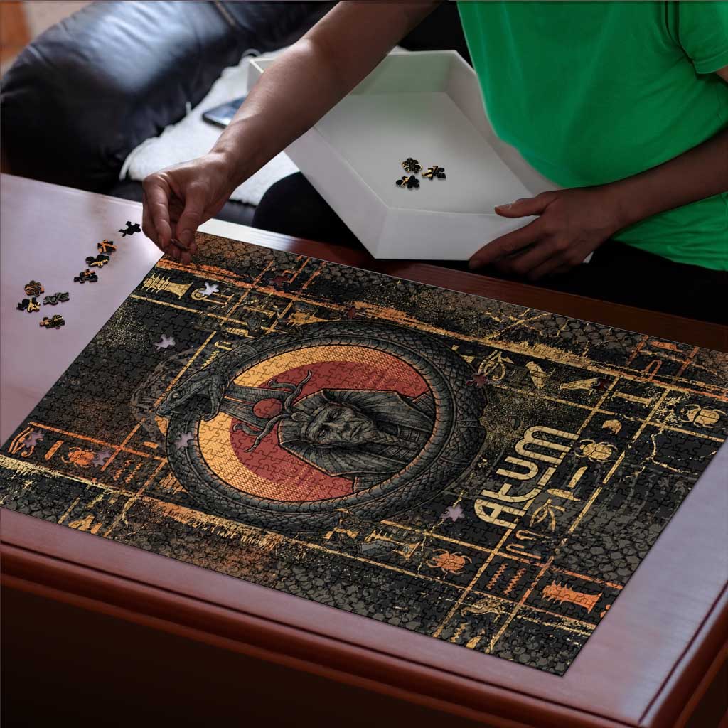 Atum Ancient Egyptian Puzzle with Dark Hieroglyph Grid, Ouroboros Serpent Ring and The Final Serpent - African Pride