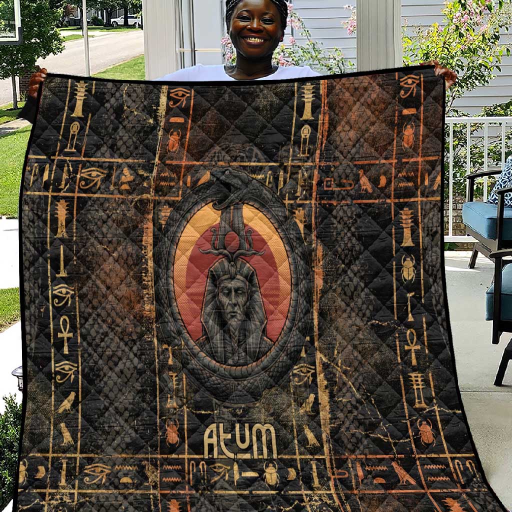 Atum Ancient Egyptian Quilt with Dark Hieroglyph Grid, Ouroboros Serpent Ring and The Final Serpent - African Pride