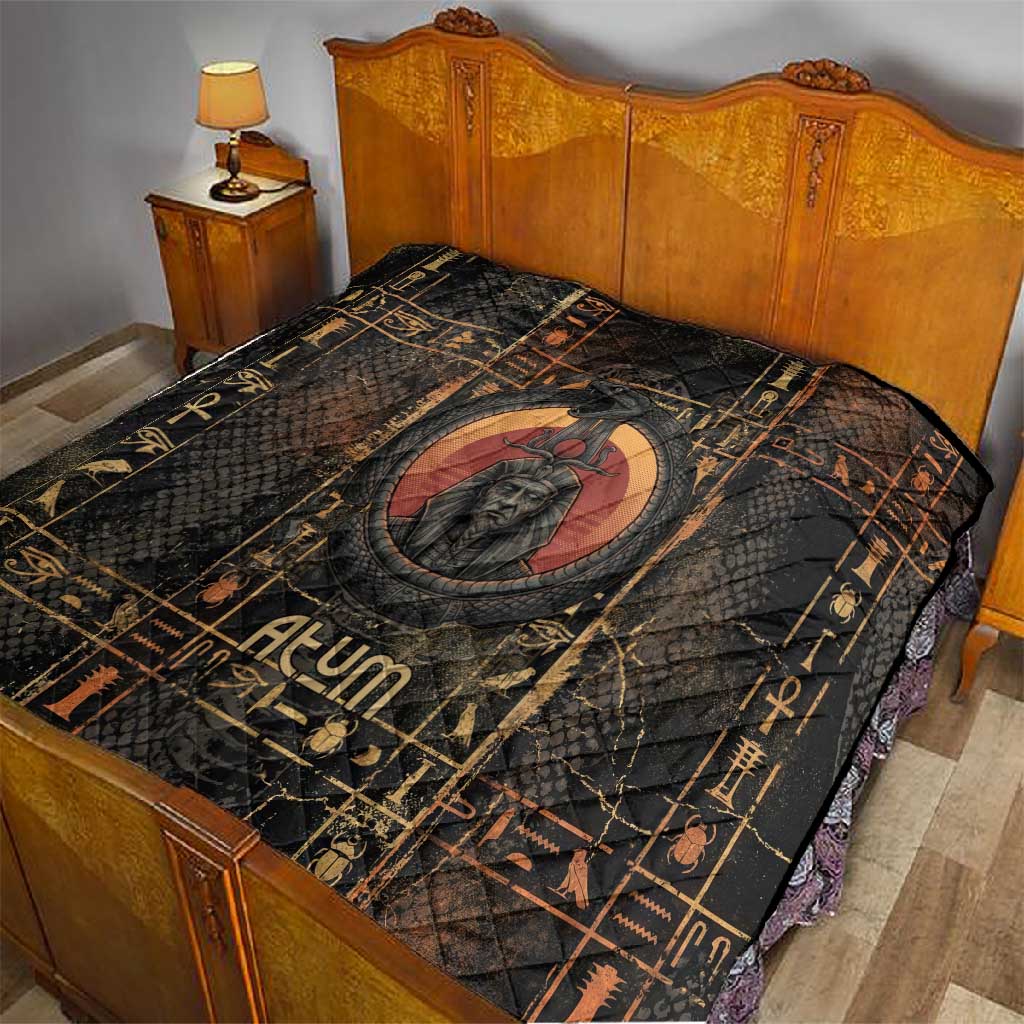 Atum Ancient Egyptian Quilt with Dark Hieroglyph Grid, Ouroboros Serpent Ring and The Final Serpent - African Pride