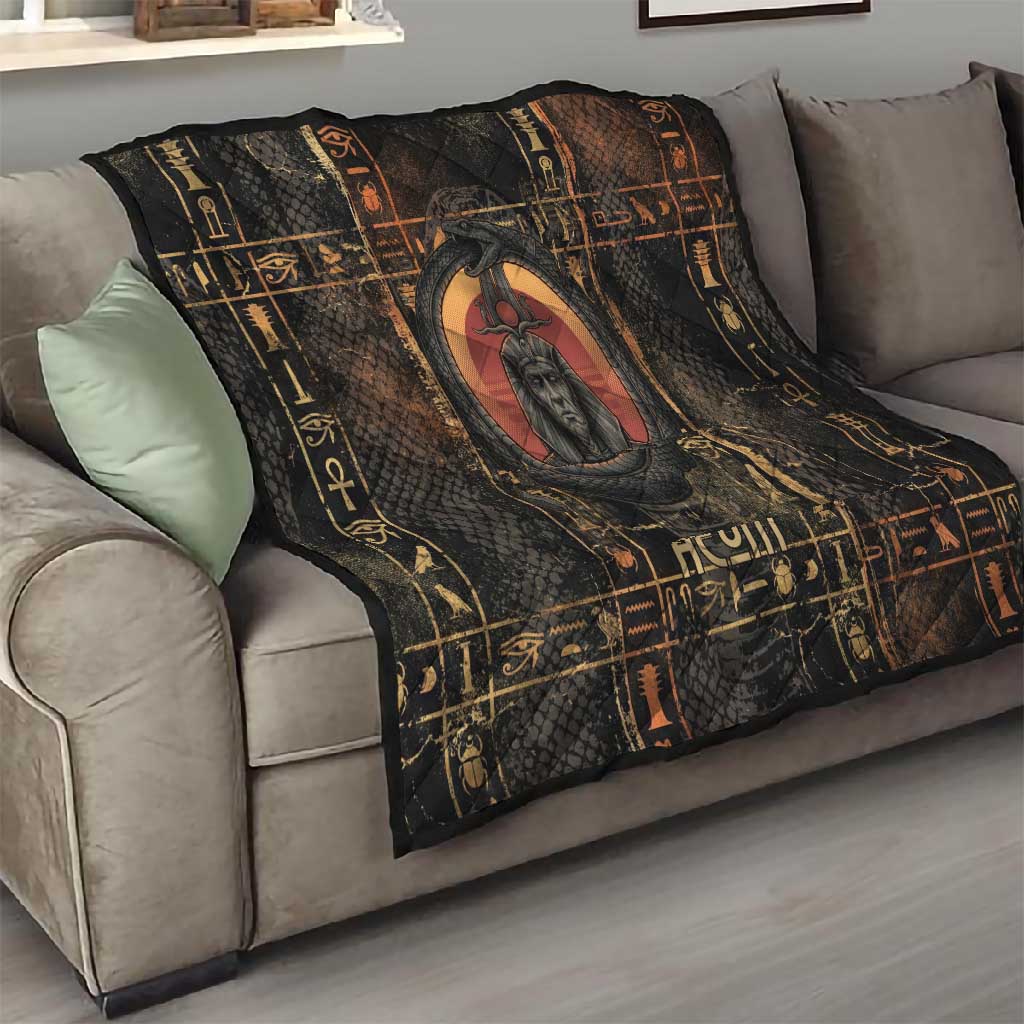 Atum Ancient Egyptian Quilt with Dark Hieroglyph Grid, Ouroboros Serpent Ring and The Final Serpent - African Pride