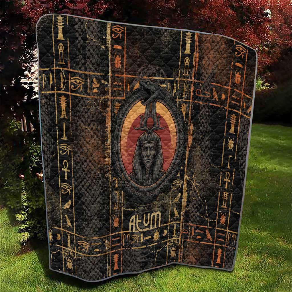 Atum Ancient Egyptian Quilt with Dark Hieroglyph Grid, Ouroboros Serpent Ring and The Final Serpent - African Pride