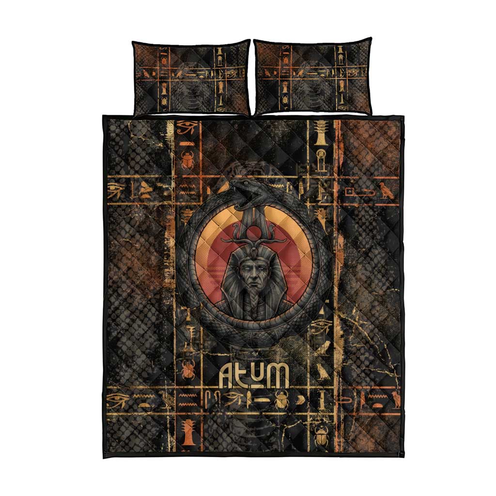 Atum Ancient Egyptian Quilt Bed Set with Dark Hieroglyph Grid, Ouroboros Serpent Ring and The Final Serpent - African Pride