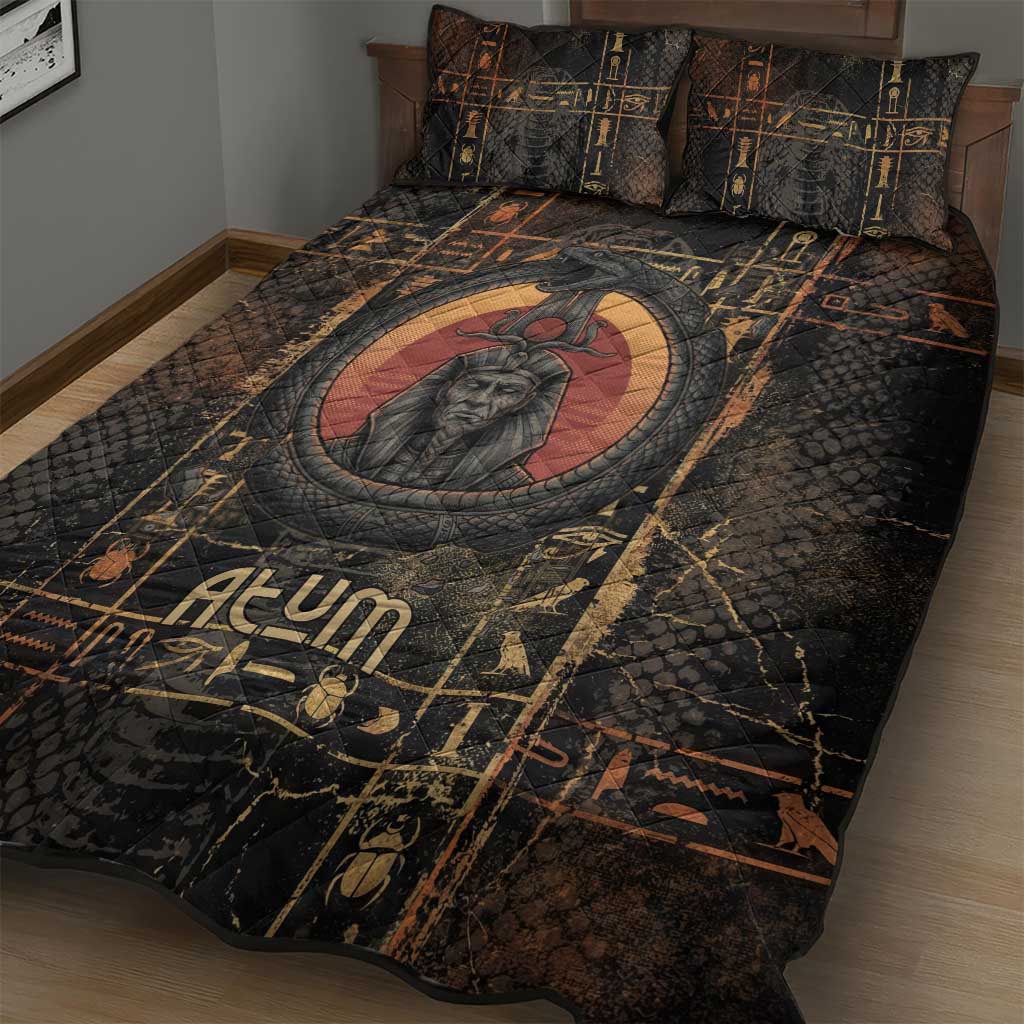 Atum Ancient Egyptian Quilt Bed Set with Dark Hieroglyph Grid, Ouroboros Serpent Ring and The Final Serpent - African Pride