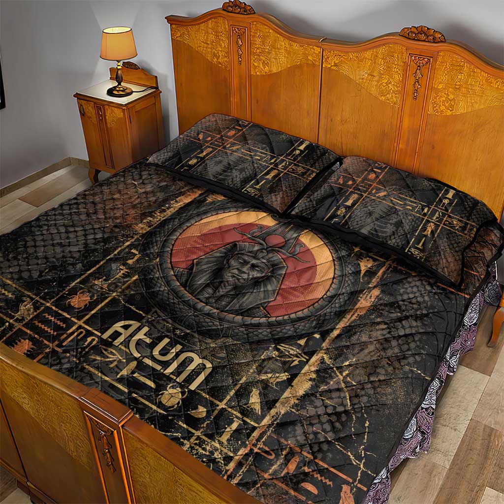 Atum Ancient Egyptian Quilt Bed Set with Dark Hieroglyph Grid, Ouroboros Serpent Ring and The Final Serpent - African Pride