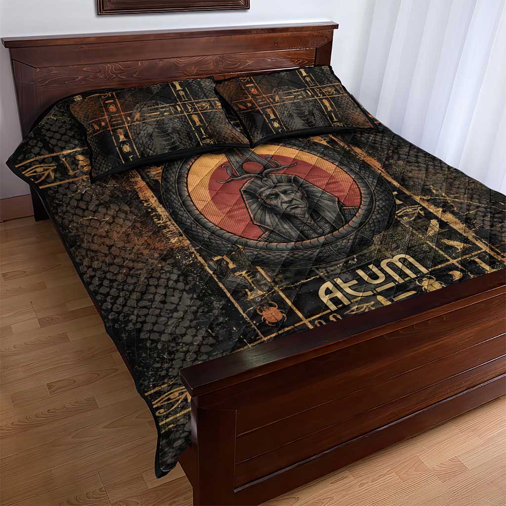 Atum Ancient Egyptian Quilt Bed Set with Dark Hieroglyph Grid, Ouroboros Serpent Ring and The Final Serpent - African Pride
