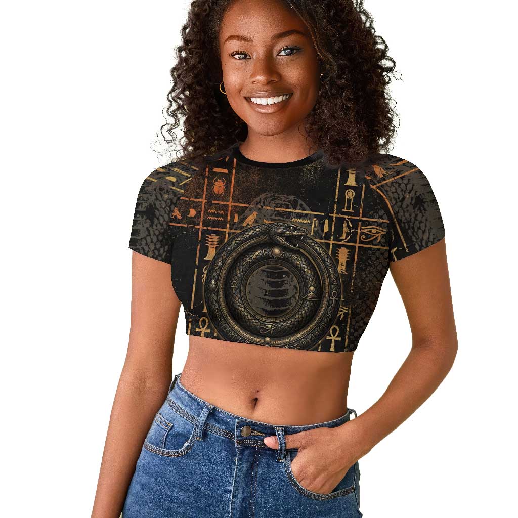 Atum Ancient Egyptian Raglan Cropped T shirt with Dark Hieroglyph Grid, Ouroboros Serpent Ring and The Final Serpent - African Pride