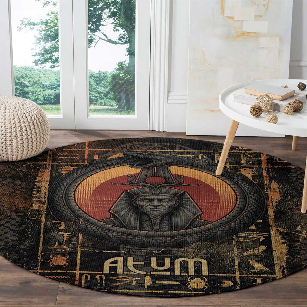 Atum Ancient Egyptian Round Carpet with Dark Hieroglyph Grid, Ouroboros Serpent Ring and The Final Serpent - African Pride