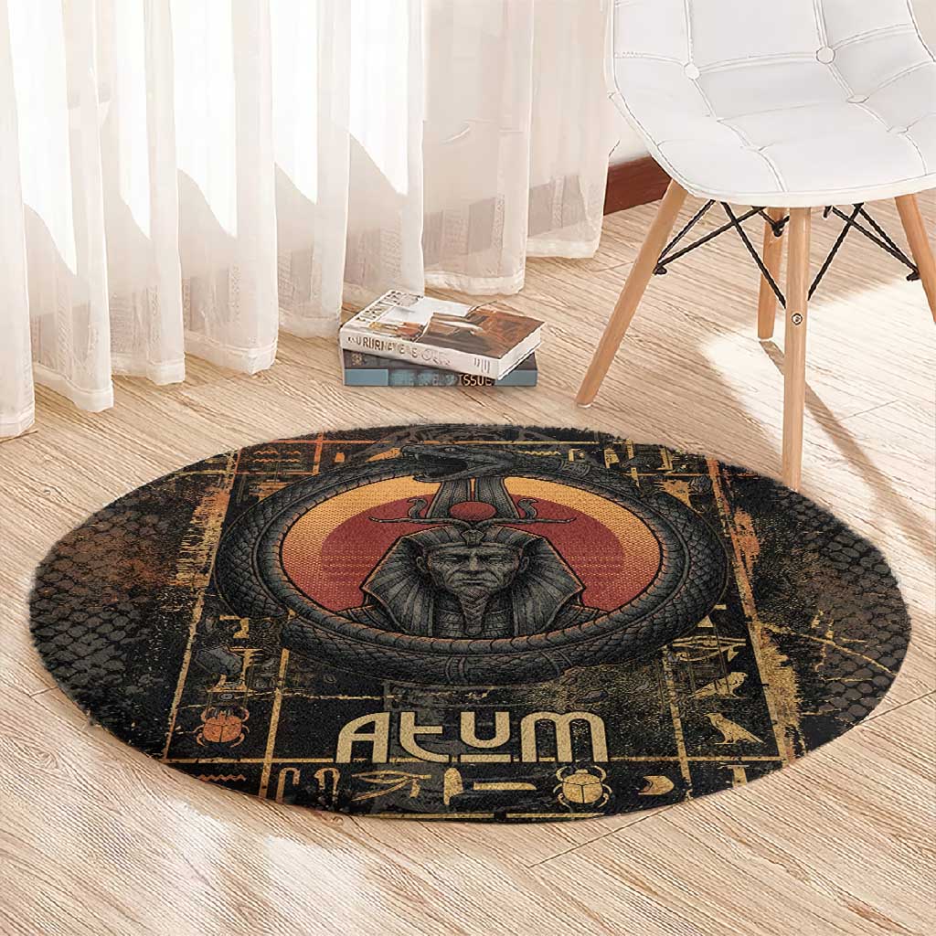 Atum Ancient Egyptian Round Carpet with Dark Hieroglyph Grid, Ouroboros Serpent Ring and The Final Serpent - African Pride