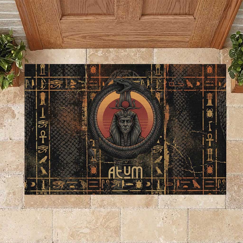 Atum Ancient Egyptian Rubber Doormat with Dark Hieroglyph Grid, Ouroboros Serpent Ring and The Final Serpent - African Pride