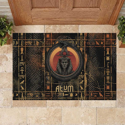 Atum Ancient Egyptian Rubber Doormat with Dark Hieroglyph Grid, Ouroboros Serpent Ring and The Final Serpent - African Pride