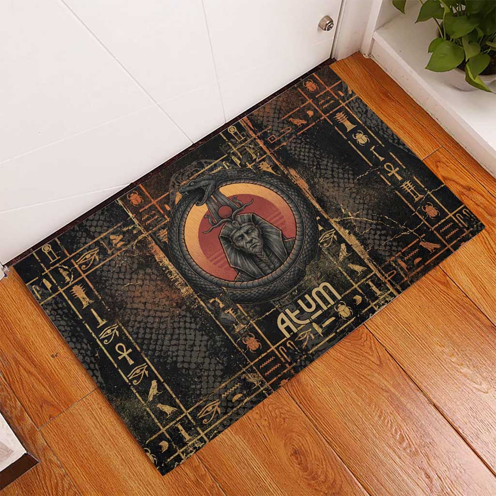 Atum Ancient Egyptian Rubber Doormat with Dark Hieroglyph Grid, Ouroboros Serpent Ring and The Final Serpent - African Pride
