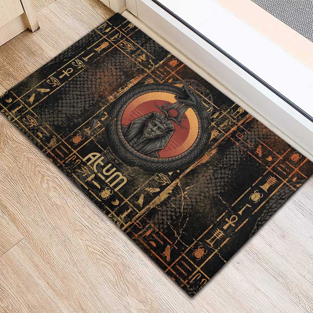 Atum Ancient Egyptian Rubber Doormat with Dark Hieroglyph Grid, Ouroboros Serpent Ring and The Final Serpent - African Pride
