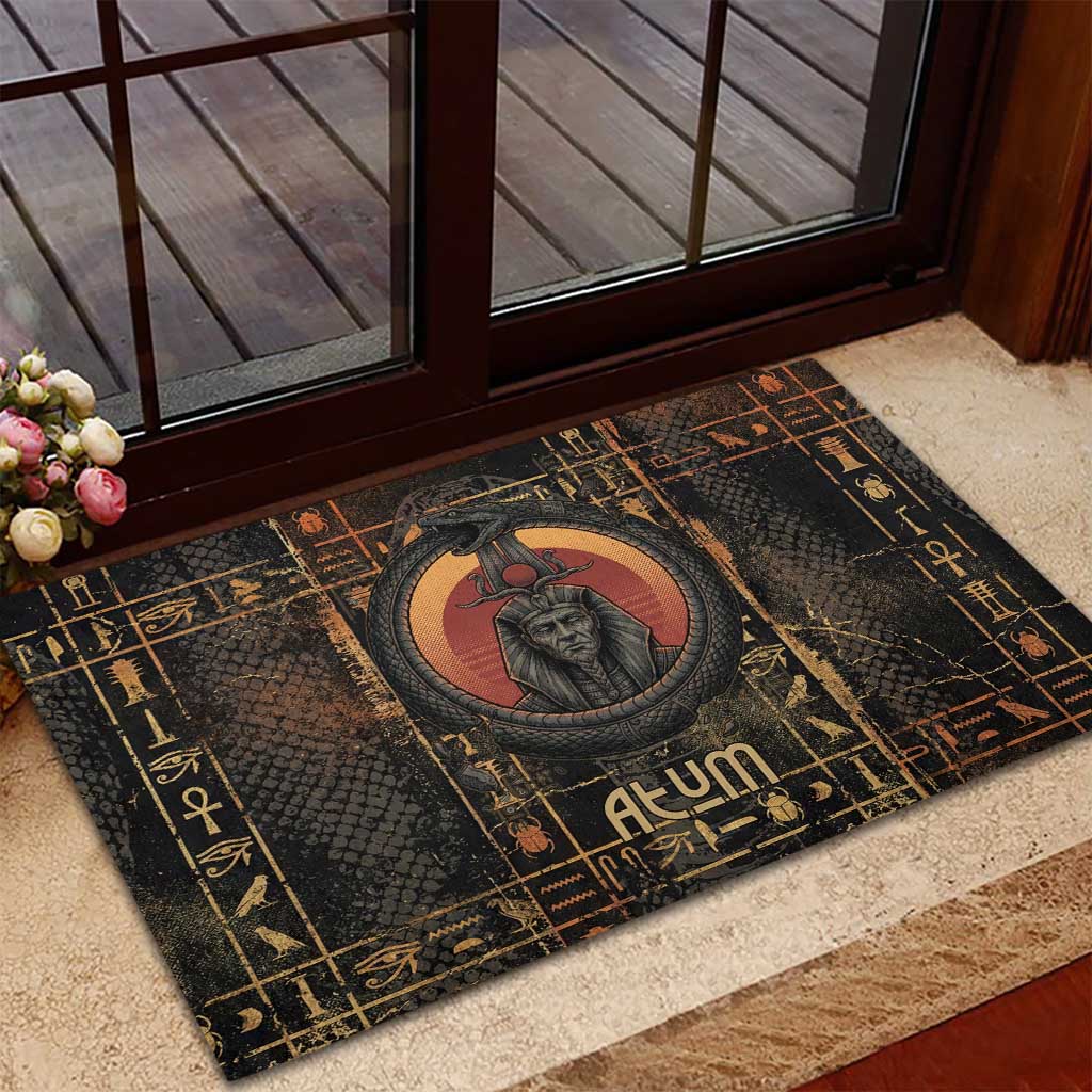 Atum Ancient Egyptian Rubber Doormat with Dark Hieroglyph Grid, Ouroboros Serpent Ring and The Final Serpent - African Pride