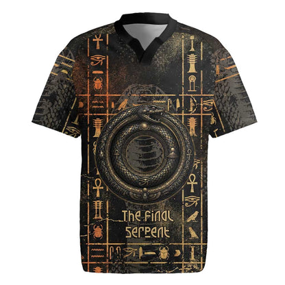 Atum Ancient Egyptian Rugby Jersey with Dark Hieroglyph Grid, Ouroboros Serpent Ring and The Final Serpent - African Pride