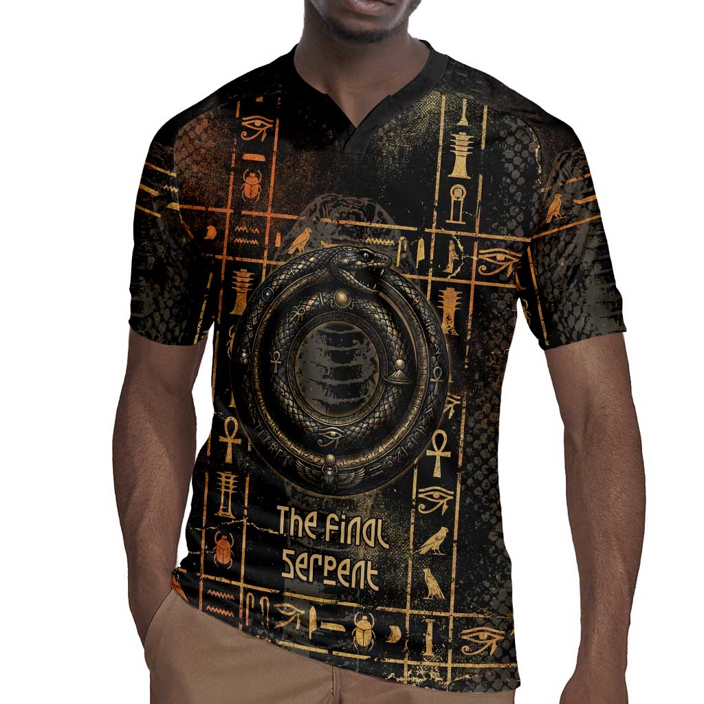 Atum Ancient Egyptian Rugby Jersey with Dark Hieroglyph Grid, Ouroboros Serpent Ring and The Final Serpent - African Pride