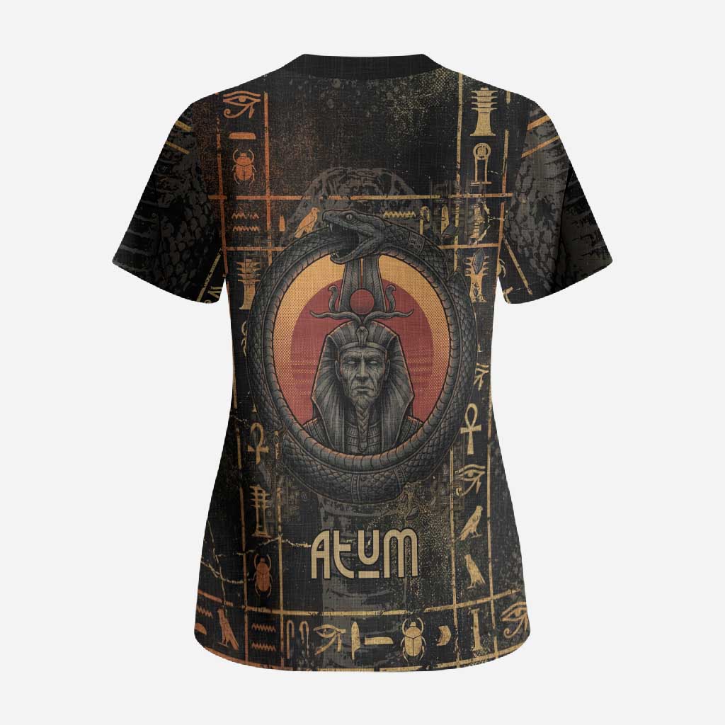 Atum Ancient Egyptian Scrub Top with Dark Hieroglyph Grid, Ouroboros Serpent Ring and The Final Serpent - African Pride