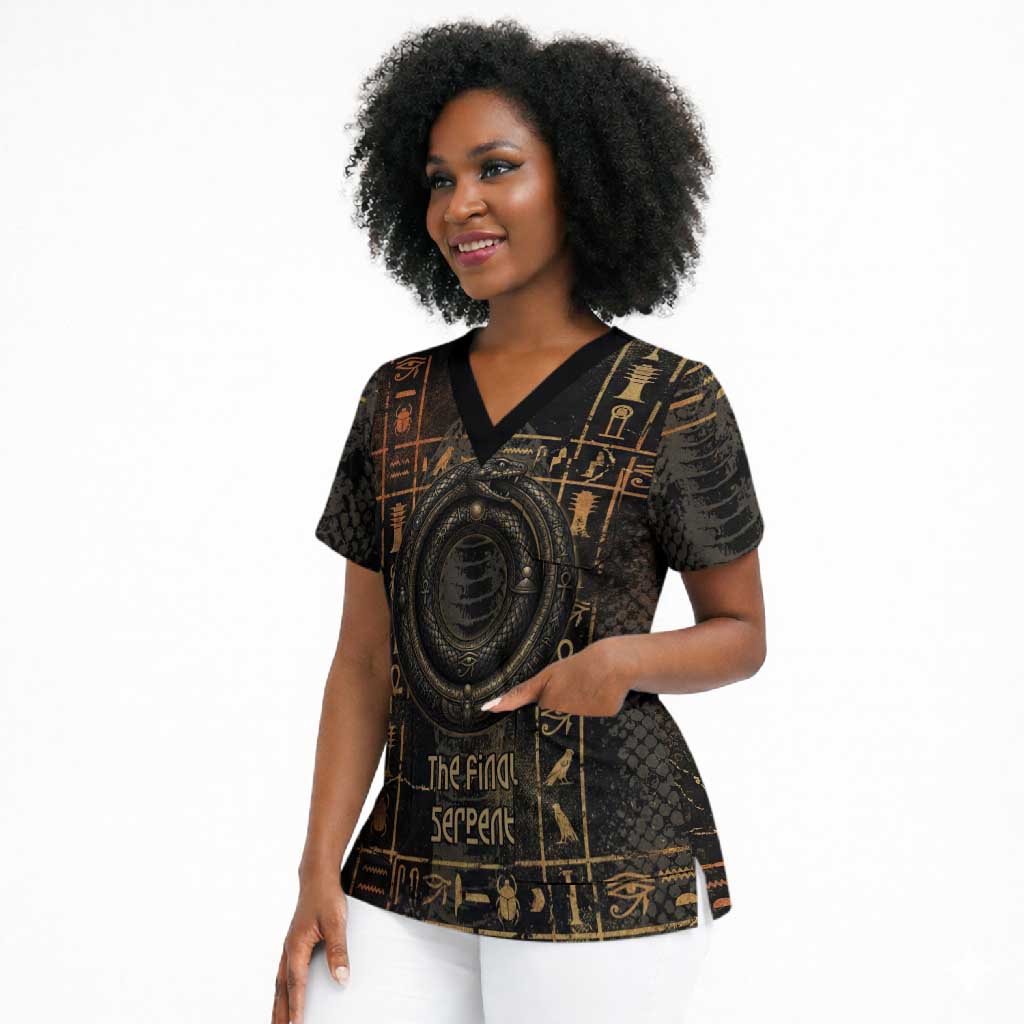 Atum Ancient Egyptian Scrub Top with Dark Hieroglyph Grid, Ouroboros Serpent Ring and The Final Serpent - African Pride