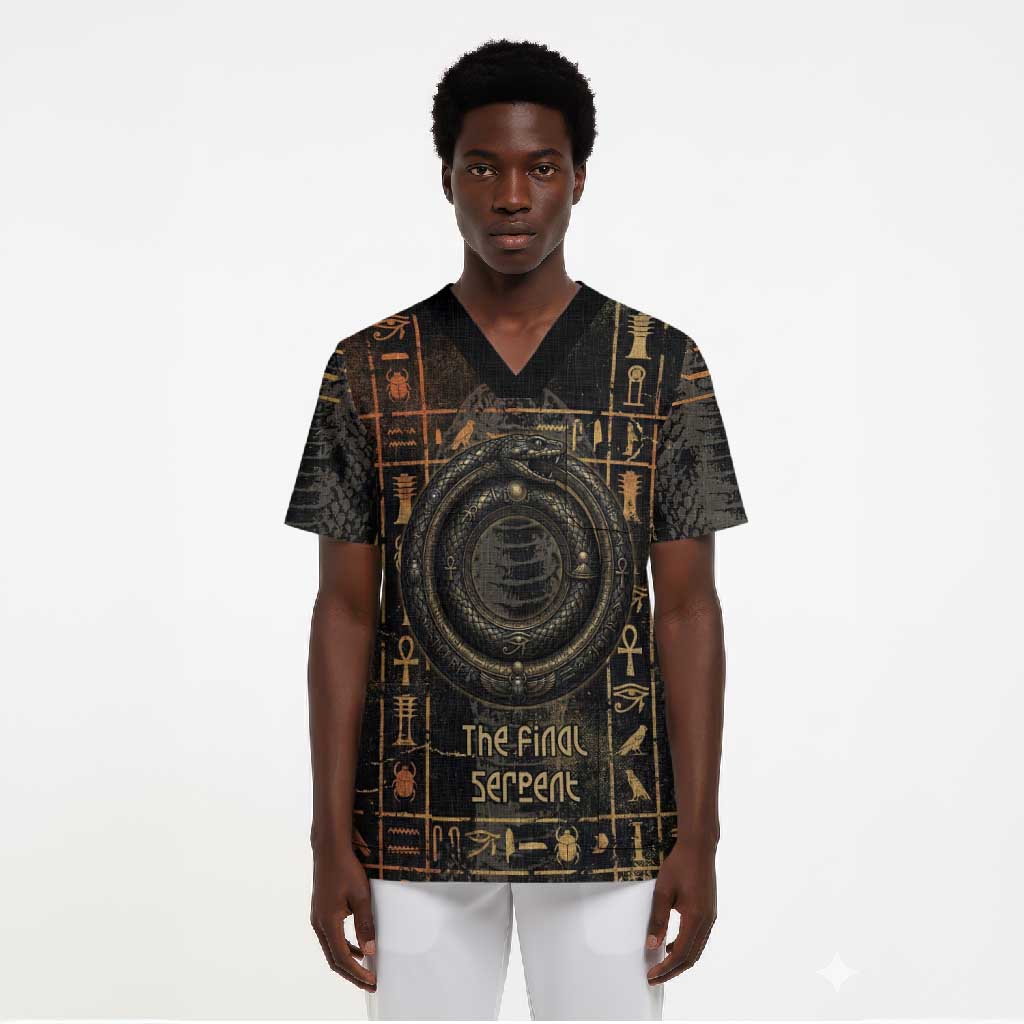 Atum Ancient Egyptian Scrub Top with Dark Hieroglyph Grid, Ouroboros Serpent Ring and The Final Serpent - African Pride