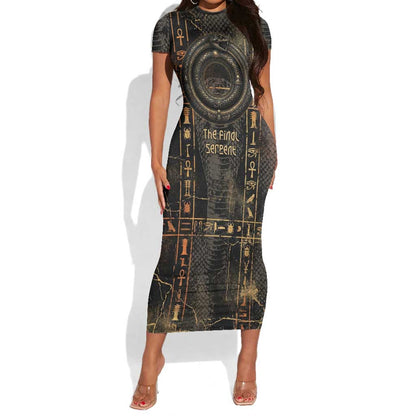 Atum Ancient Egyptian Short Sleeve Bodycon Dress with Dark Hieroglyph Grid, Ouroboros Serpent Ring and The Final Serpent - African Pride