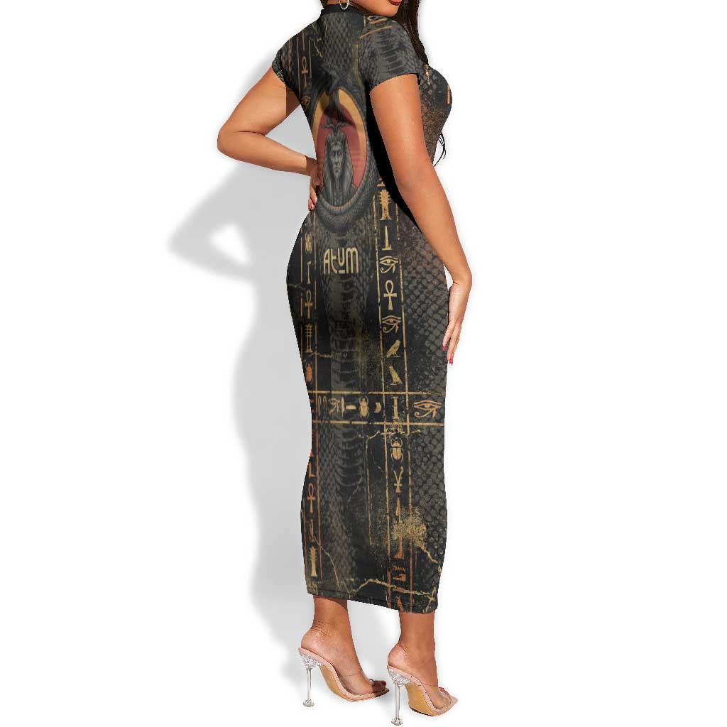 Atum Ancient Egyptian Short Sleeve Bodycon Dress with Dark Hieroglyph Grid, Ouroboros Serpent Ring and The Final Serpent - African Pride