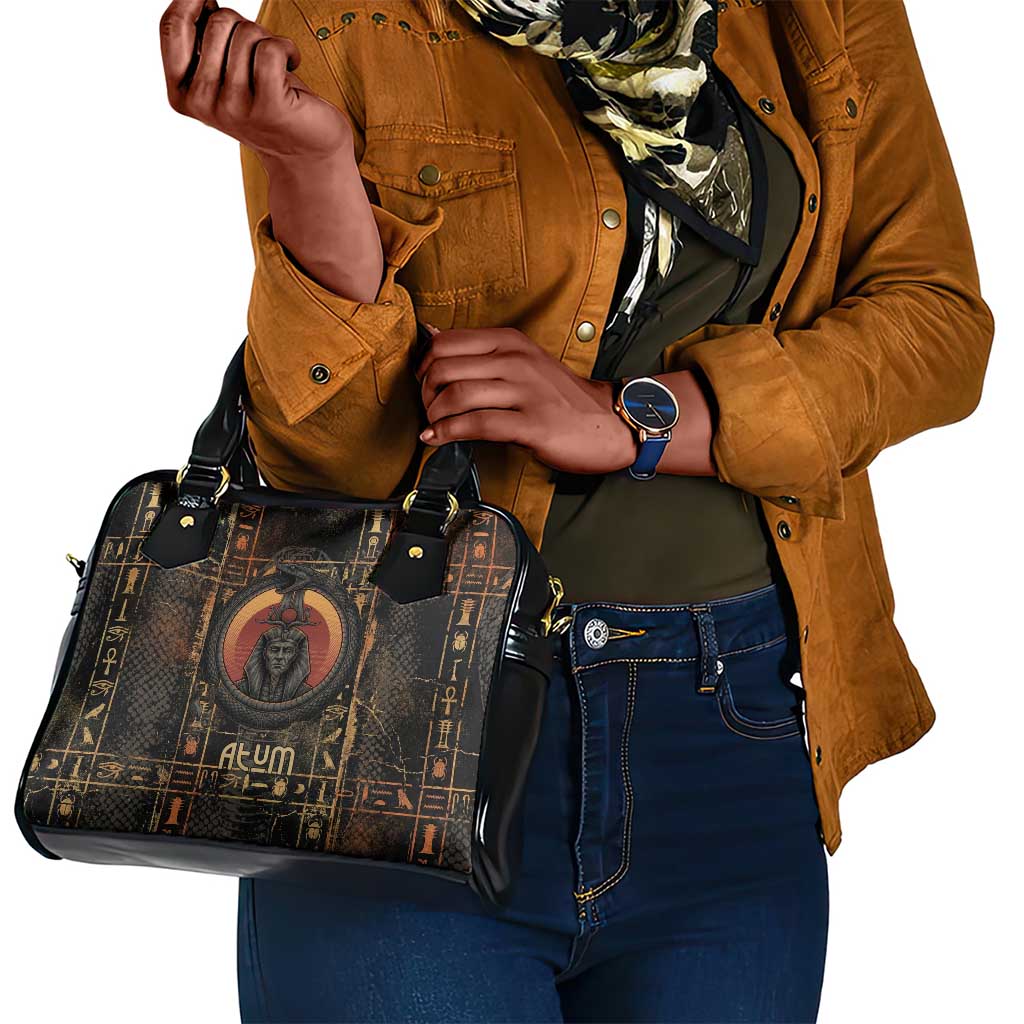 Atum Ancient Egyptian Shoulder Handbag with Dark Hieroglyph Grid, Ouroboros Serpent Ring and The Final Serpent - African Pride