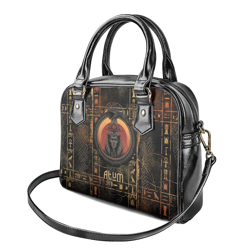 Atum Ancient Egyptian Shoulder Handbag with Dark Hieroglyph Grid, Ouroboros Serpent Ring and The Final Serpent - African Pride
