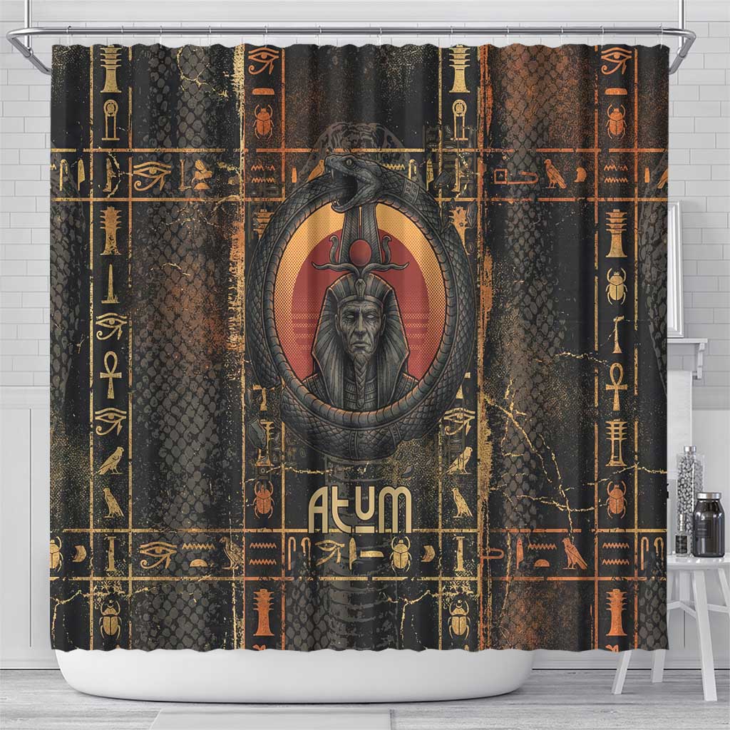 Atum Ancient Egyptian Shower Curtain with Dark Hieroglyph Grid, Ouroboros Serpent Ring and The Final Serpent - African Pride