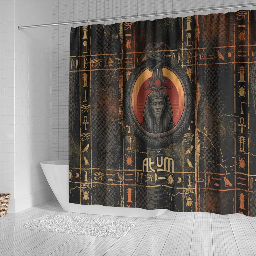 Atum Ancient Egyptian Shower Curtain with Dark Hieroglyph Grid, Ouroboros Serpent Ring and The Final Serpent - African Pride