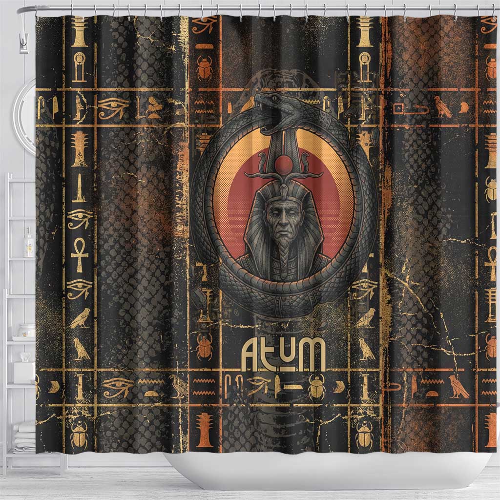 Atum Ancient Egyptian Shower Curtain with Dark Hieroglyph Grid, Ouroboros Serpent Ring and The Final Serpent - African Pride