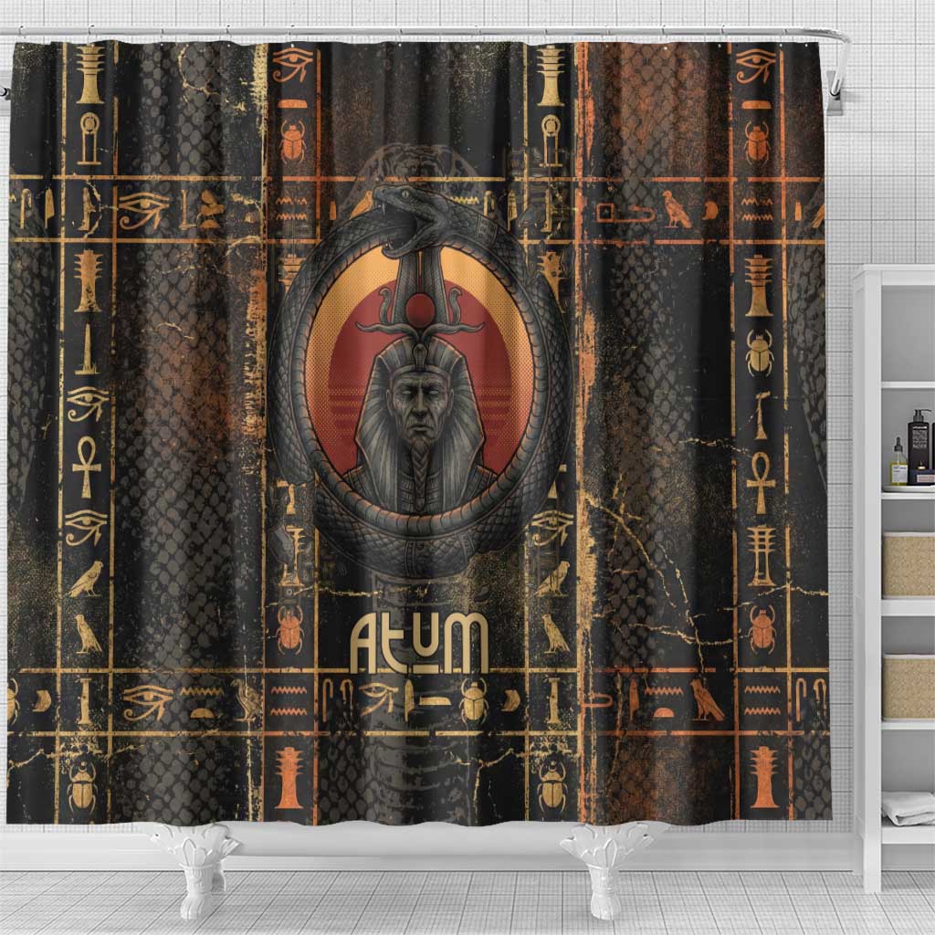 Atum Ancient Egyptian Shower Curtain with Dark Hieroglyph Grid, Ouroboros Serpent Ring and The Final Serpent - African Pride