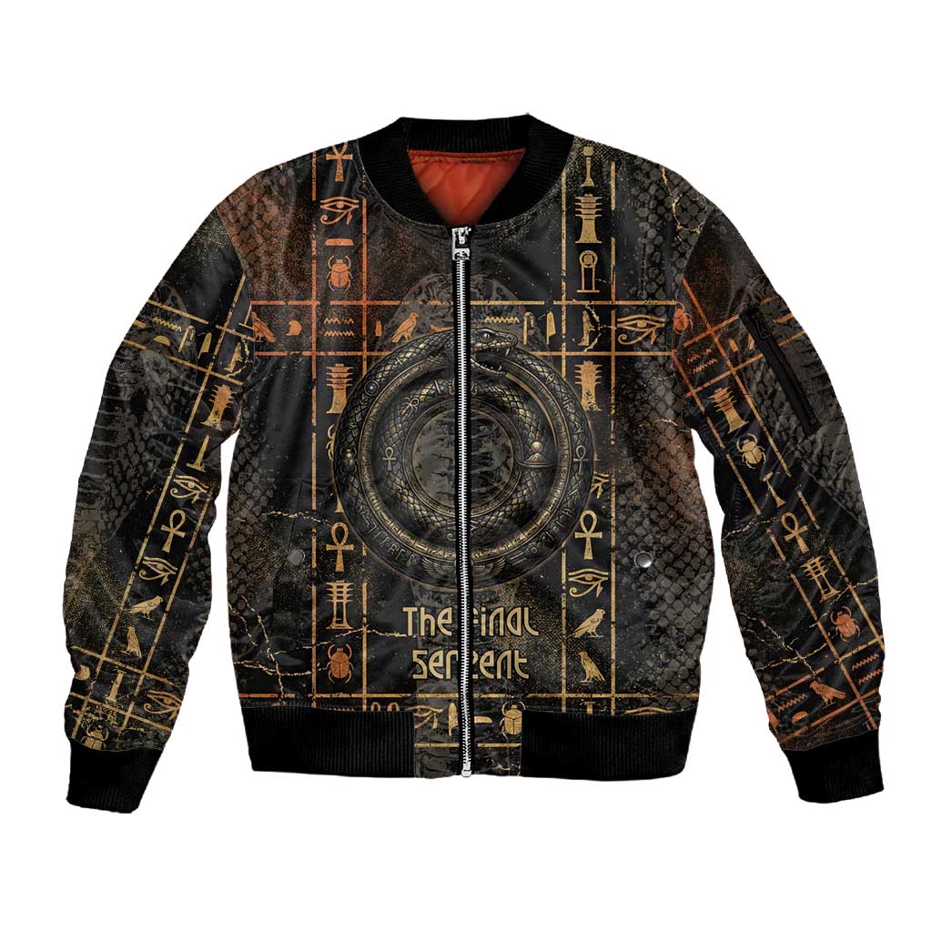 Atum Ancient Egyptian Sleeve Zip Bomber Jacket with Dark Hieroglyph Grid, Ouroboros Serpent Ring and The Final Serpent - African Pride