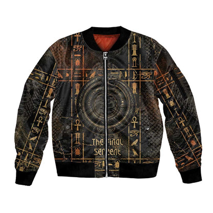 Atum Ancient Egyptian Sleeve Zip Bomber Jacket with Dark Hieroglyph Grid, Ouroboros Serpent Ring and The Final Serpent - African Pride