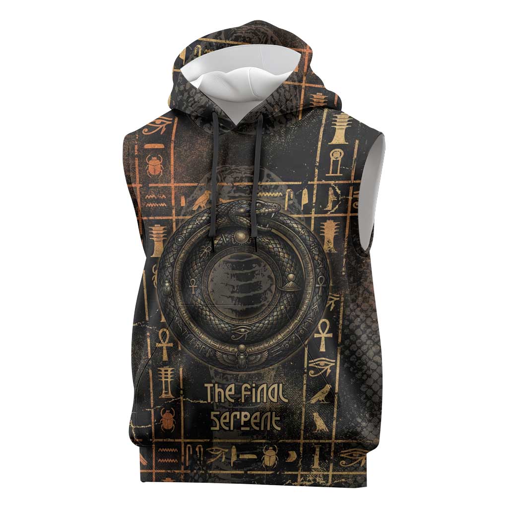 Atum Ancient Egyptian Sleeveless Hoodie with Dark Hieroglyph Grid, Ouroboros Serpent Ring and The Final Serpent - African Pride
