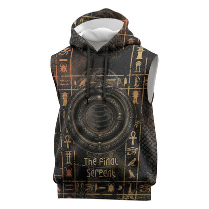Atum Ancient Egyptian Sleeveless Hoodie with Dark Hieroglyph Grid, Ouroboros Serpent Ring and The Final Serpent - African Pride