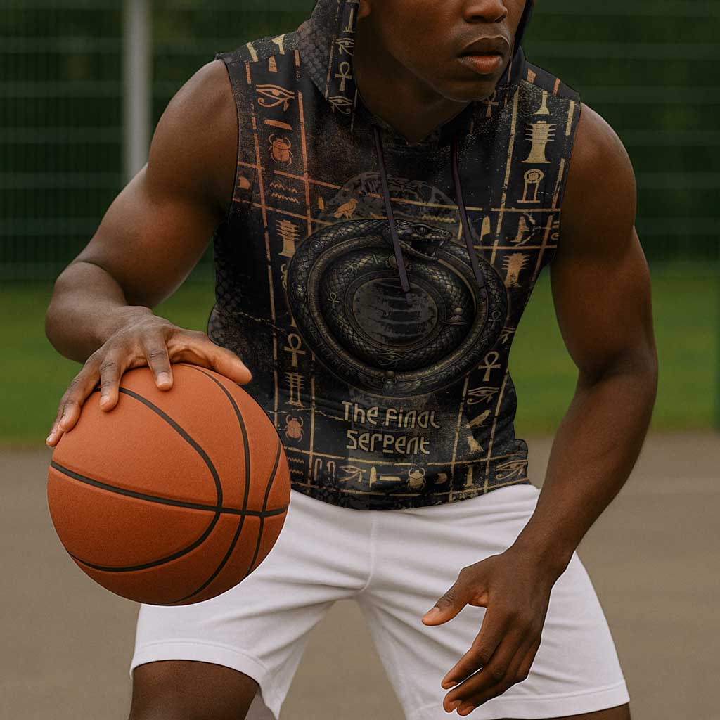 Atum Ancient Egyptian Sleeveless Hoodie with Dark Hieroglyph Grid, Ouroboros Serpent Ring and The Final Serpent - African Pride