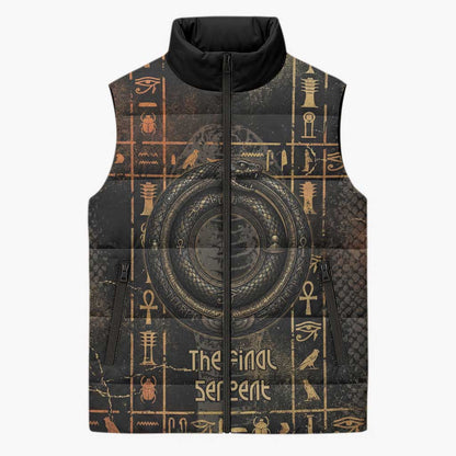 Atum Ancient Egyptian Sleeveless Puffer Jacket with Dark Hieroglyph Grid, Ouroboros Serpent Ring and The Final Serpent - African Pride