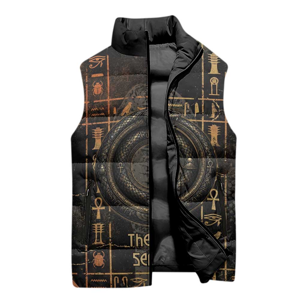 Atum Ancient Egyptian Sleeveless Puffer Jacket with Dark Hieroglyph Grid, Ouroboros Serpent Ring and The Final Serpent - African Pride