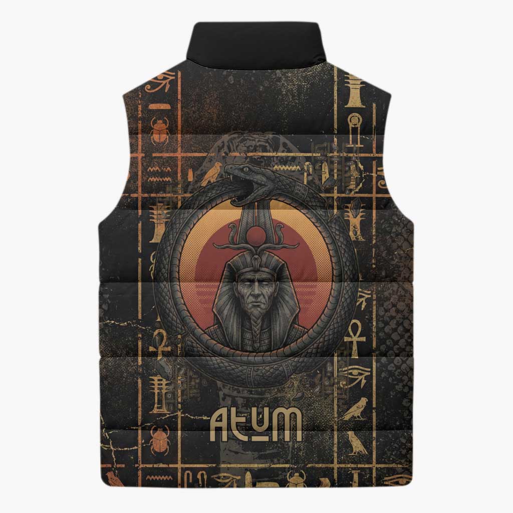 Atum Ancient Egyptian Sleeveless Puffer Jacket with Dark Hieroglyph Grid, Ouroboros Serpent Ring and The Final Serpent - African Pride